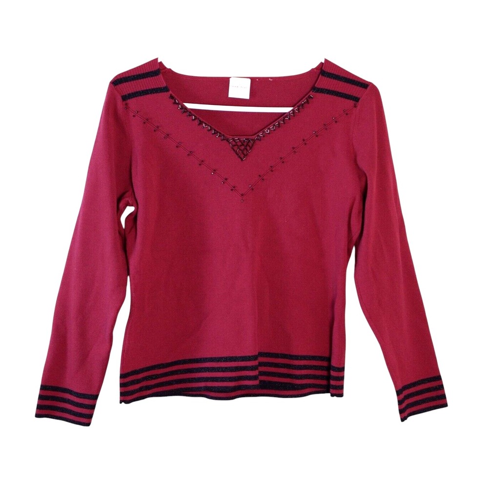 Emma James Women's Top Sz L Beaded Red Long Sleeve V Neck Geometric‎ Patterns